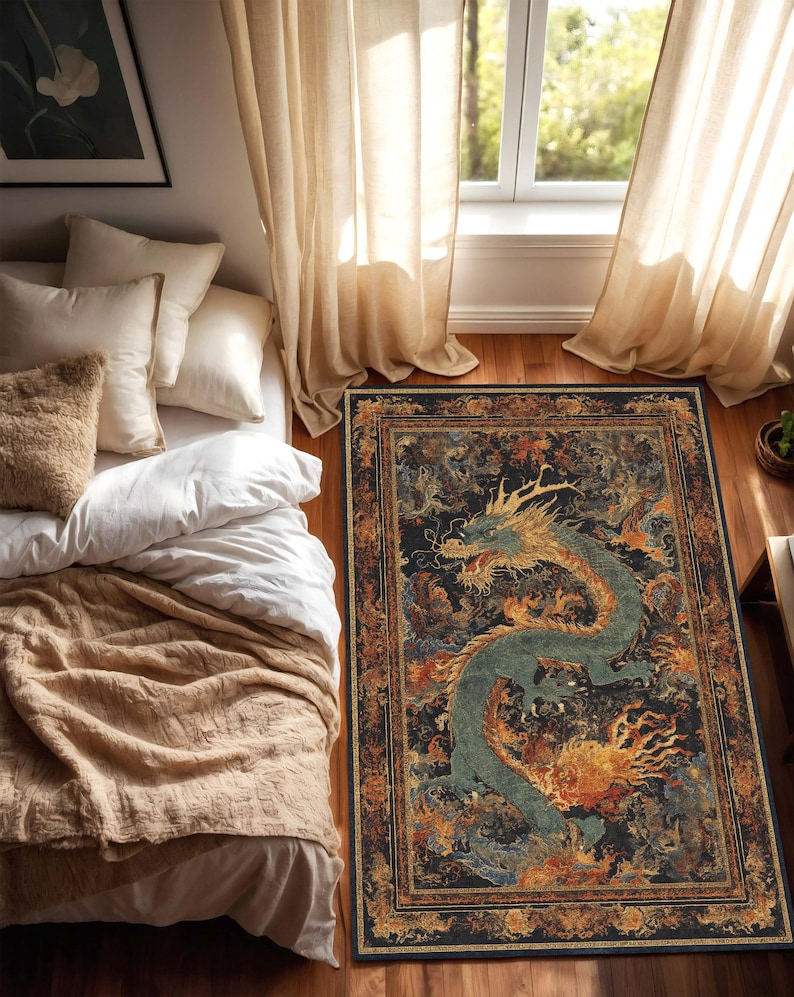 Orientalisk drakematta, vintagematta i asiatisk stil, mytisk ormkonst, mörk boho vardagsrumsinredning, sovrumsdekor, halkfri tvättbar bild 4