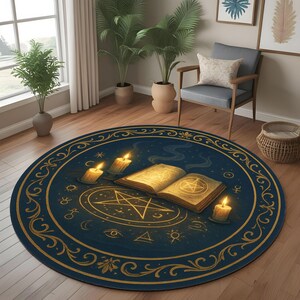 Witchy Spell Circle Rug, Round Witchcraft Altar Rug, Magic Book Pentagram Rug, Occult Gothic Decor Mat, Washable Mystic Witch Rug image 2