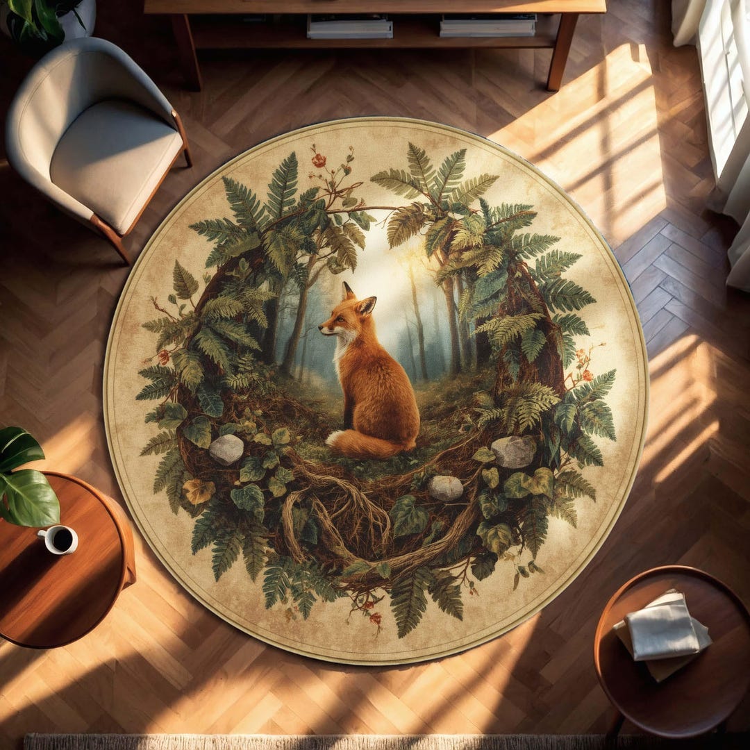 Small Round Forest Rug Woodland Fox Round Rug | Forest Animal Rug With Ferns and Roots ...