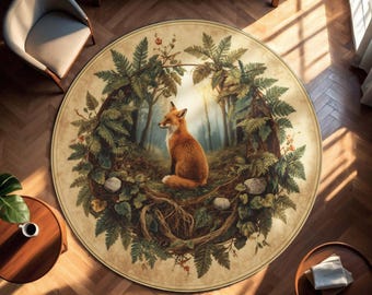 Waldfuchs runden Teppich | Waldtier Teppich mit Farnen und Wurzeln | Naturinspirierter Cozy Cottagecore Teppich | Woodland Botanischer Fuchs Teppich