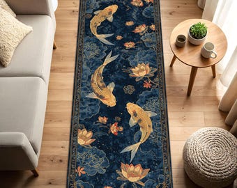 Navy Koi Fisch Lotus Teppichläufer, Japanischer Teich Blumen Flur Teppich, Gold Blau Oriental Style Küche Eingangsbereich Bodenmatte, rutschfest, waschbar
