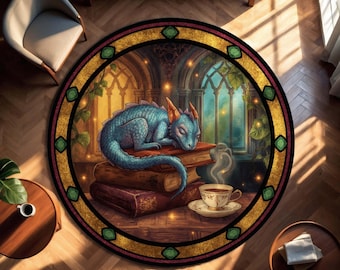 Alfombra de lectura con diseño de dragón bebé, acogedora alfombra redonda de fantasía con libros y té, decoración de biblioteca estilo Vitray, regalo para amantes de la lectura y la escritura.