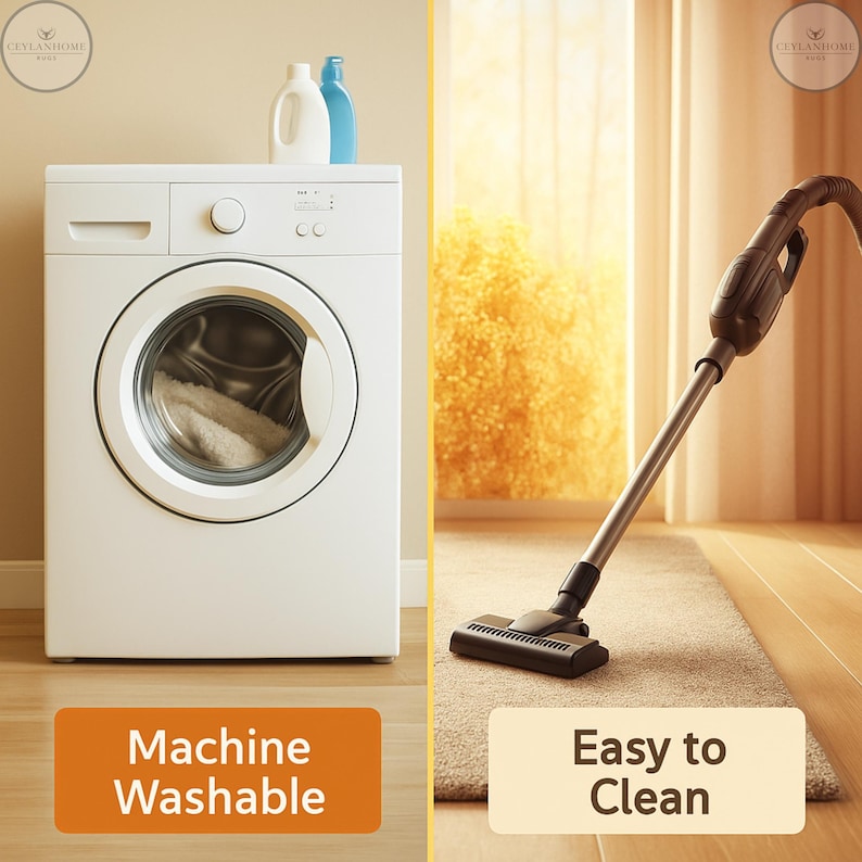May include: A white washing machine with a round door and a load of white laundry inside. Two bottles of cleaning products sit on top. A vacuum cleaner is on the right. Text reads "Machine Washable" and "Easy to Clean."