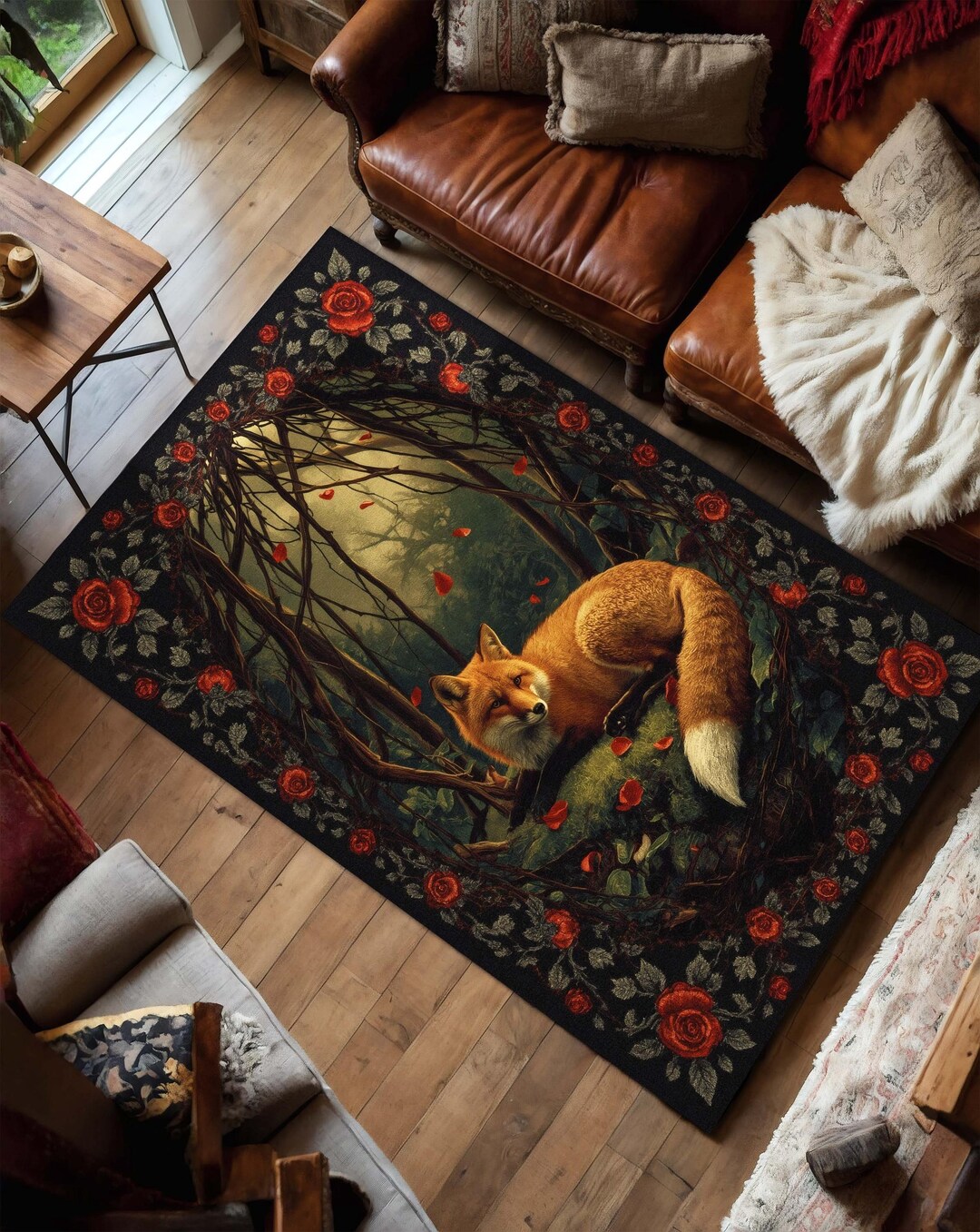 Whimsical Fox Forest Area Rug With Red Roses, Rustic Cottagecore Home ...