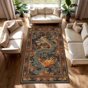 Orientalisk drakematta, vintagematta i asiatisk stil, mytisk ormkonst, mörk boho vardagsrumsinredning, sovrumsdekor, halkfri tvättbar bild 1