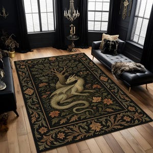 Floral Dragon Gothic Rug: Medieval Fantasy Washable Area Rug