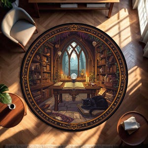 Round Book Lover Rug With Enchanted Library Scene, Cozy Reading Nook Carpet Featuring Bookshelves, Candles, Cat And Magical Study Decor