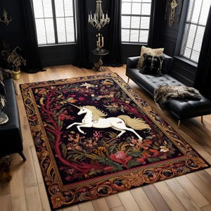 Elegant Unicorn Rug: Medieval Tapestry Style Carpet with Golden Floral Frame, Fantasy Horse Decor for Gothic or Fairytale Rooms