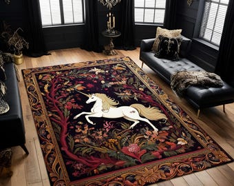 Eleganter Einhorn-Teppich: Mittelalter-Teppich mit goldenem Blumenrahmen, Fantasy-Pferdedekor für Gothic- oder Märchenräume