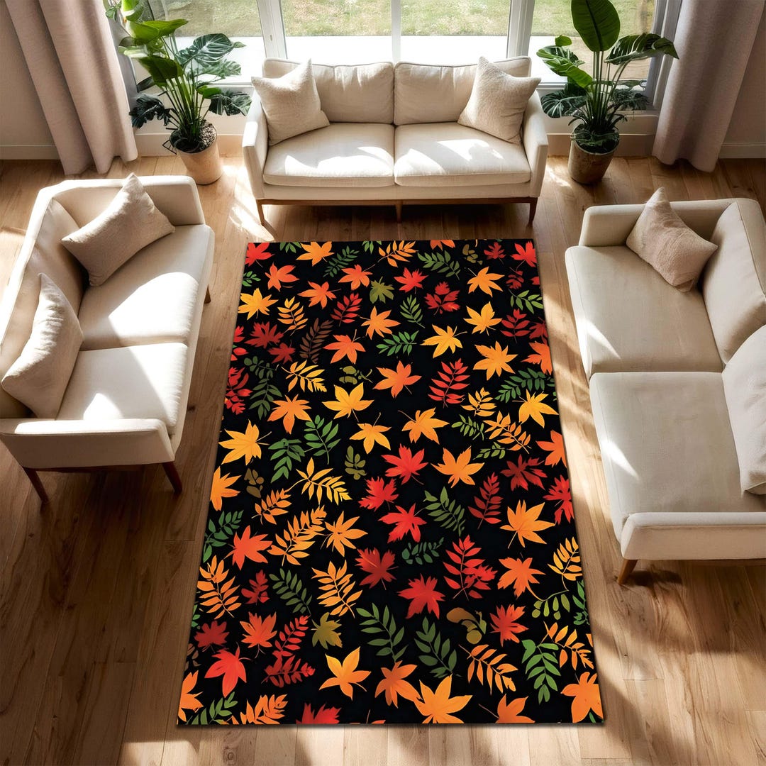 Autumn Leaves Area Rug With Black Background, Fall Foliage Carpet for ...