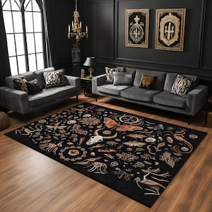 Gothic Skull And Moth Rug, Dark Forest Carpet, Mystical Bones Decor, Occult Animal Rug, Witchy Aesthetic Floor Mat, Horned Skull Carpet
