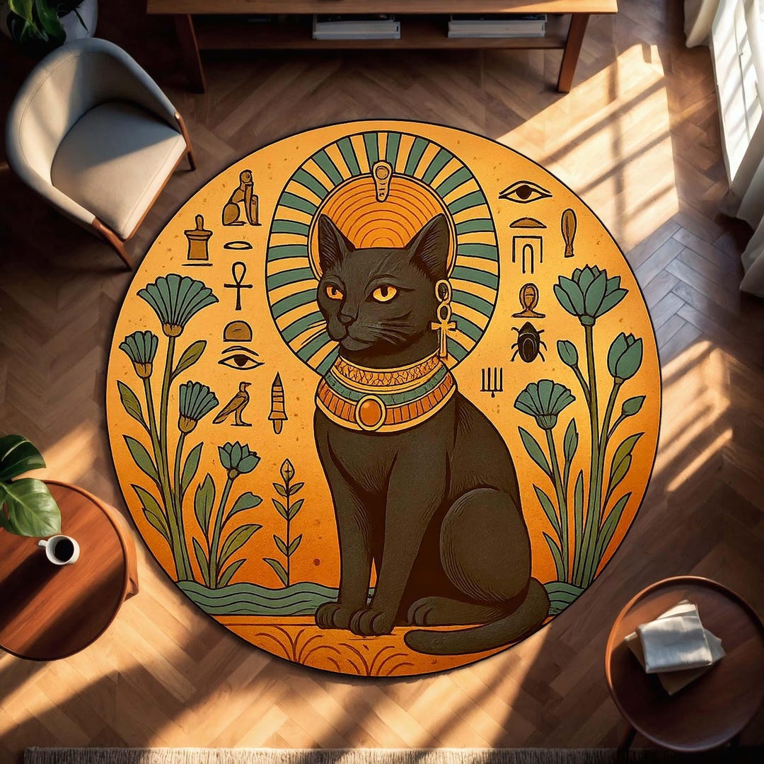 Egyptian Black Cat Rug, Bastet Round Carpet, Witchy Ankh Eye of Horus ...