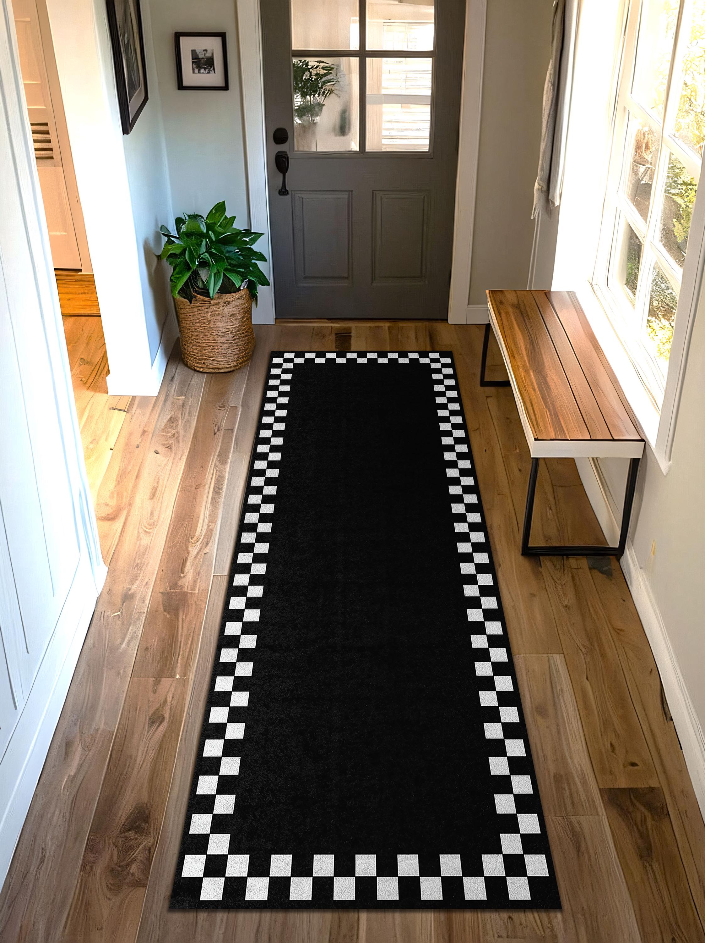 Black Checkerboard Border Runner Rug, Modern Black and White Hallway ...