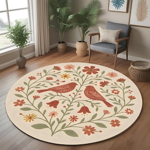 Folk Art Birds Round Rug: Boho Floral Rug With Red Birds and Flowers for Nature Inspired Living Room or Cozy Bohemian Corners