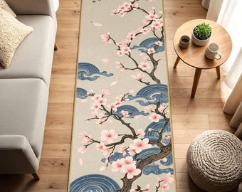 日本の桜のランナーラグ、桜の木と青い波の廊下カーペット、リビングルームの玄関にオリエンタルな花柄の床装飾。