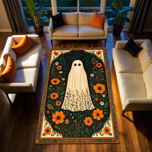 Ghost Halloween Rug with Orange Flowers, Spooky Cottagecore Carpet for Fall Living Room, Retro Cute Ghost Floral Area Rug for Autumn Decor
