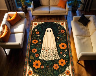 Alfombra fantasma de Halloween con flores naranjas, alfombra cottagecore espeluznante para sala de estar de otoño, alfombra retro con diseño floral fantasmal para decoración otoñal