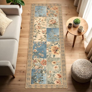 May include: A rectangular floral rug with a patchwork design. The rug features squares of blue, beige, and cream colors, each with a different floral pattern. The border is a darker beige with a repeating design. The rug is placed on a wooden floor.