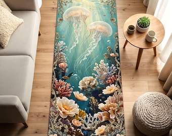 Unterwasser Quallen Läufer Teppich, Eleganter Ozean Teppich mit Korallenriff und Blumen, Fantasy Marine Boden Dekor für Küsten oder Cottage Häuser