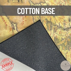 May include: A rug with a vintage map design, featuring a detailed illustration in shades of beige, brown, and red. The rug's underside is a dark gray cotton base. The text "COTTON BASE" is displayed across the top.