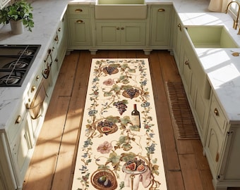 May include: A rectangular kitchen rug with a cream background and a botanical design featuring grapes, figs, and a wine bottle. The rug has a border of vines and flowers, creating a rustic, farmhouse aesthetic.