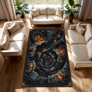May include: A rectangular area rug with a fantasy dungeon design. The rug features a spiral staircase, stone walls, and warm lighting. The color palette includes shades of gray, brown, and gold, creating a detailed and immersive scene. The rug is placed in a living room setting.