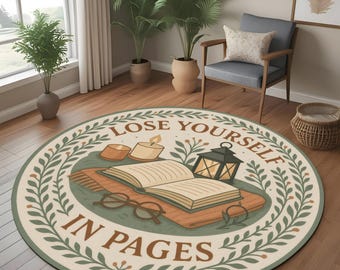 Tappeto rotondo accogliente per angolo lettura, tappeto "Lose Yourself in Pages" per gli amanti dei libri