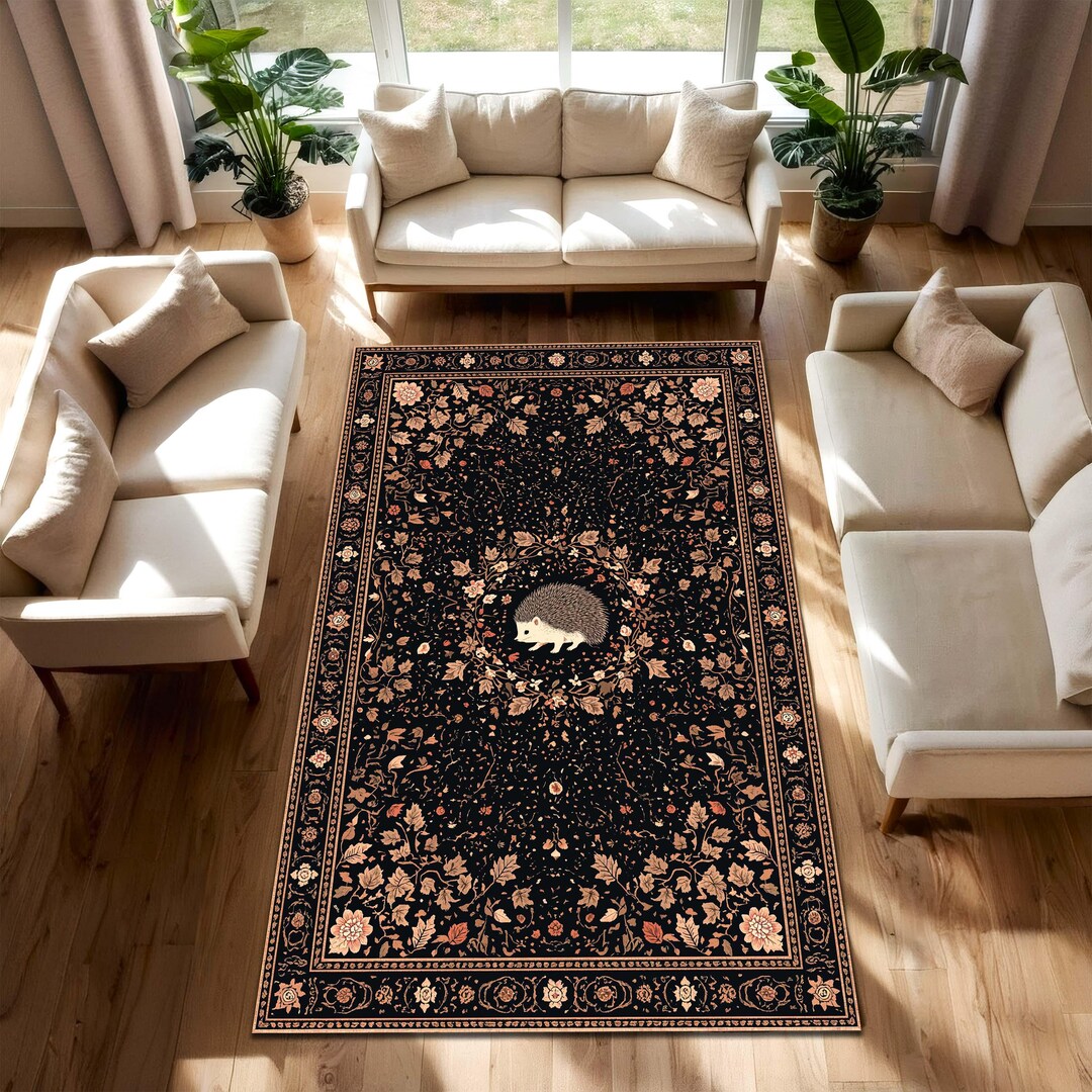 Hedgehog Rug Hedgehog Area Rug, Vintage Floral Black Rug, Woodland Animal Carpet ...