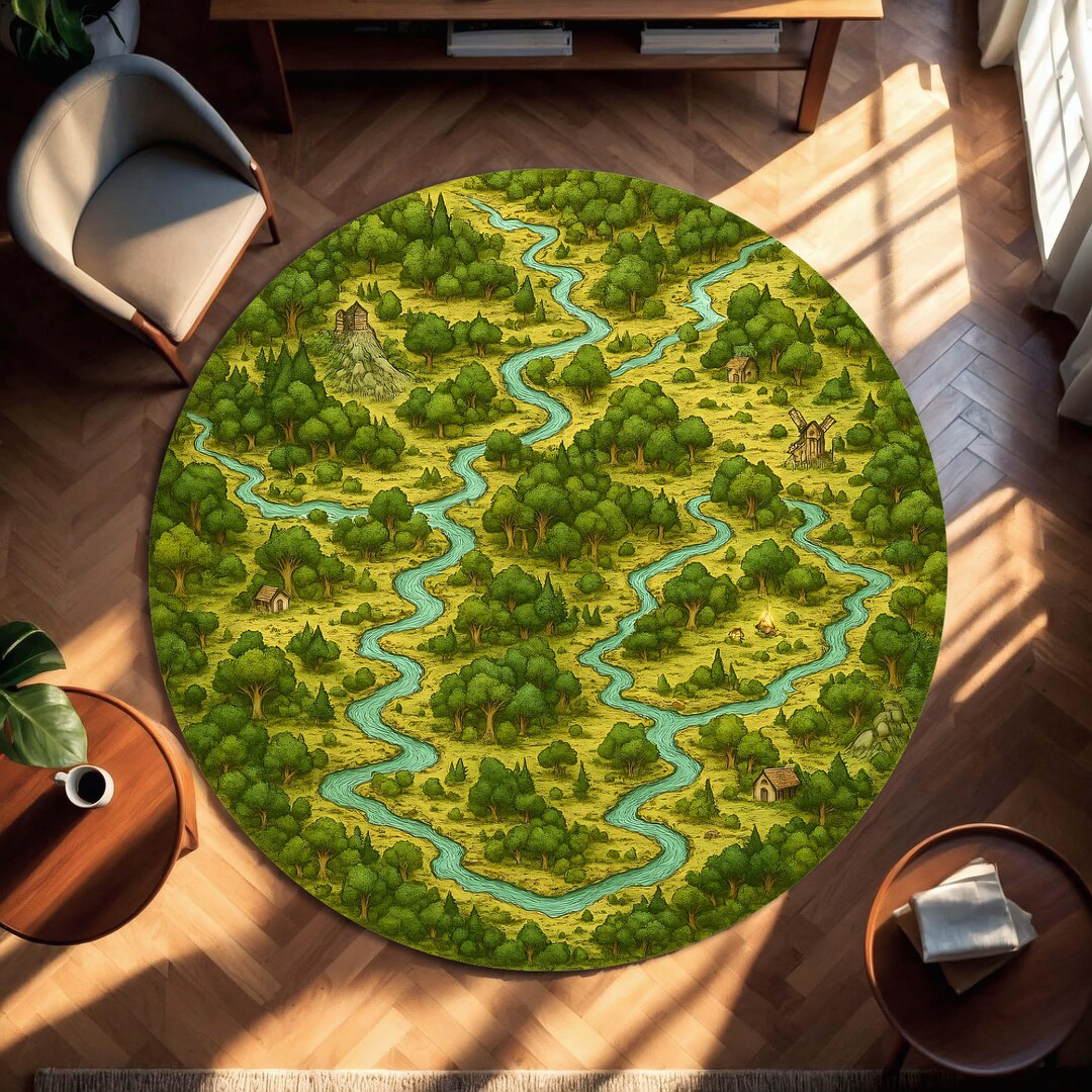 Dnd Red Rug Round Forest Map Rug With Fantasy River and Villages, Dnd Tabletop Game ...