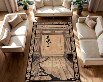 Zen asiatisk kalligrafi matta, vintage japansk tempelportsmatta, Wabi Sabi orientalisk inredning, körsbärsblomsmatta för vardagsrum/sovrum
