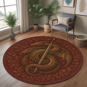 Tappeto rotondo Dragon & Sword: tappeto fantasy medievale con motivo di bestia uccisa, ideale per un soggiorno in stile gotico o per un arredamento a tema cavalleresco.