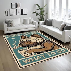 Grappig tapijt Franse bulldog, illustratie rokende hond, retro cartoonhond tapijt, statement woonkamertapijt, modern pop-art tapijt, tapijt huisdier