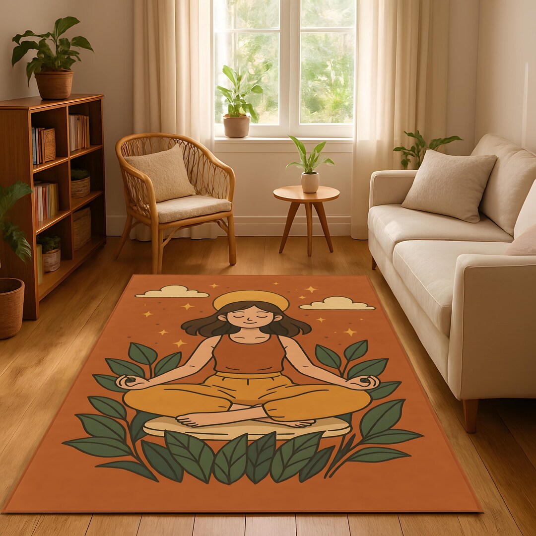Ghibli Style Zen Meditation Rug, Terracotta Yoga Girl Carpet, Boho ...