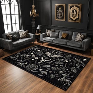 Dark Academia Gothic Rug, Witchy Black Skeleton Carpet, Mystical Floral Aesthetic Area Rug for Gothic Living Room or Occult Inspired Decor