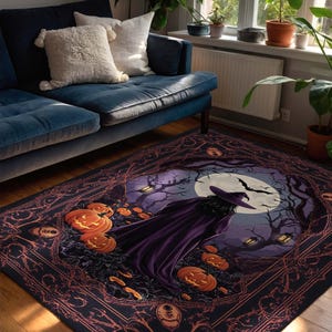 Alfombra de Halloween de bruja oscura con luz de luna y calabazas, alfombra gótica espeluznante para sala de estar de brujas, casa embrujada o hogar místico. imagen 3