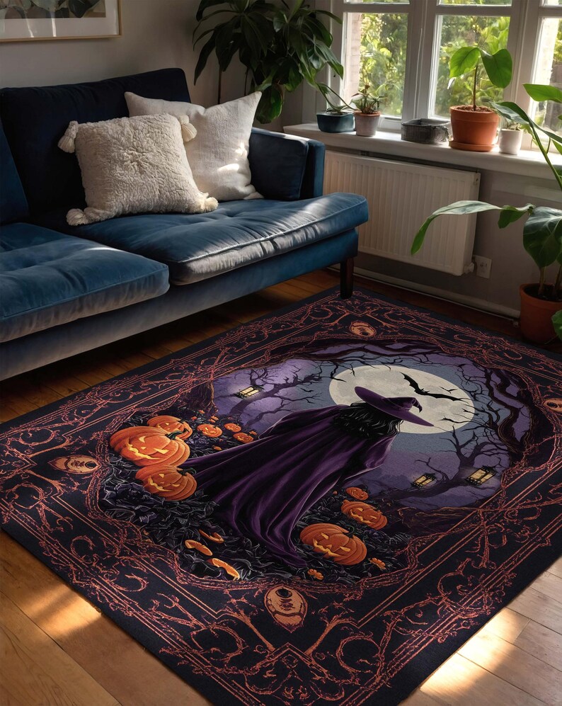 Alfombra de Halloween de bruja oscura con luz de luna y calabazas, alfombra gótica espeluznante para sala de estar de brujas, casa embrujada o hogar místico. imagen 3