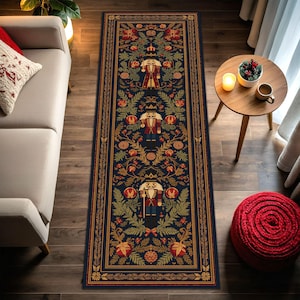 May include: A rectangular, navy blue runner rug with a detailed Nutcracker design. The rug features a repeating pattern of Nutcracker figures, red and gold floral elements, and a decorative border. The rug is placed on a hardwood floor.