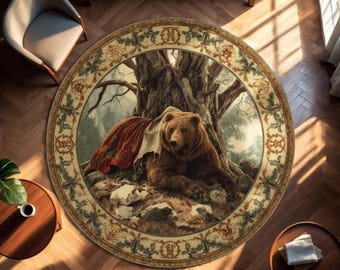 May include: Round area rug featuring a detailed illustration of a brown bear resting beneath a large tree. The rug has a decorative border with floral and heraldic elements. The bear is depicted with a red and white cloth draped over it, creating a rustic, nature-inspired theme.