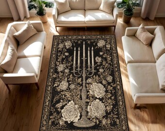 Alfombra gótica floral negra con candelabro dorado y rosas vintage, decoración elegante y oscura para sala de estar, alfombra de estilo barroco antiguo