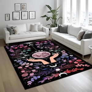 Moon Phases And Celestial Garden Rug, Mystical Hands And Full Moon Carpet, Boho Spiritual Floral Decor, Purple Black Starry Night Rug
