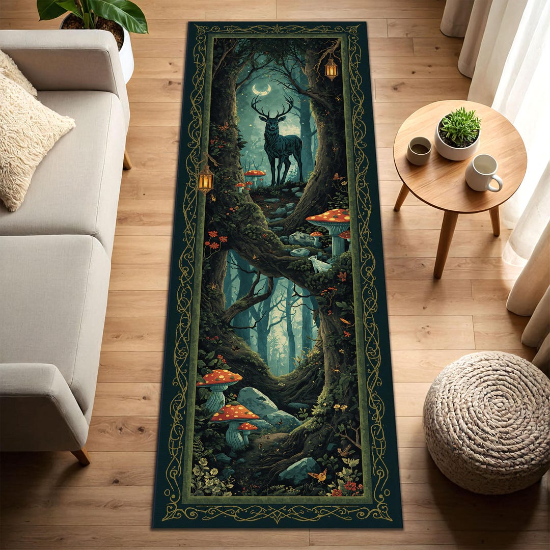Enchanted Rug Enchanted Forest Deer Runner Rug, Fantasy Woodland Stag & Mushrooms ...