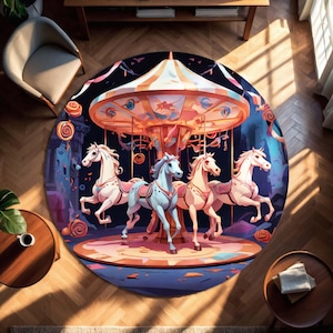Haunted Karussell Halloween Teppich | Vintage Ghost Rummelplatz Runder Teppich | Wunderlicher Teppich für Spooky Herbst oder Kinderzimmer Dekor