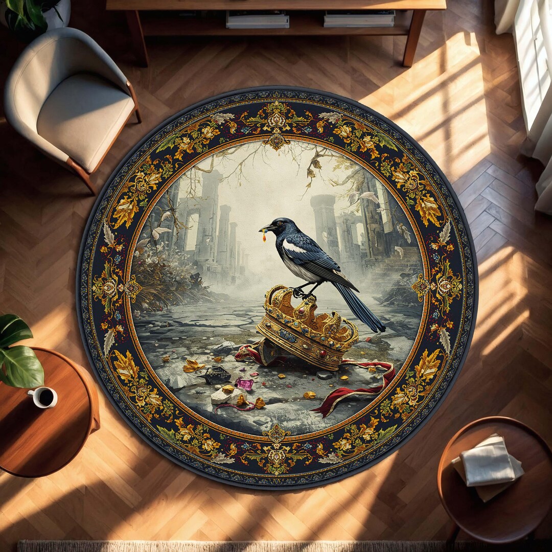 Magpie on Royal Crown Round Rug – Baroque Vintage Art Carpet, Gothic ...