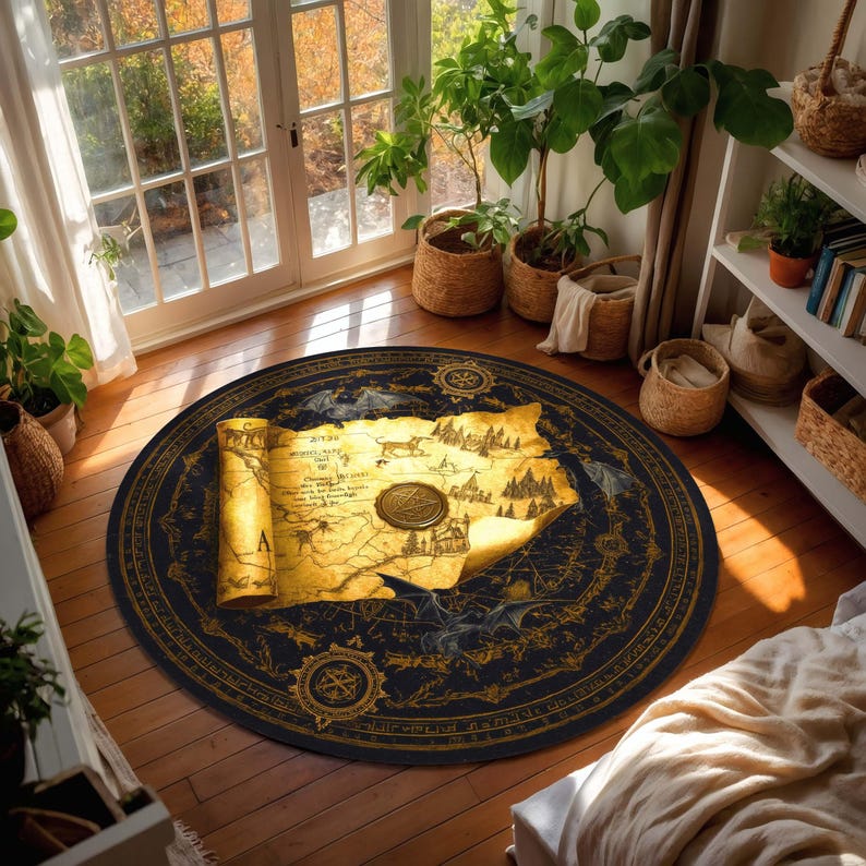 Dnd Rug Prop Fantasy RPG World Map Rug, Golden Scroll Round Carpet With Dragons ...