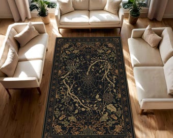 Dark Botanical Spiderweb Area Rug – Gothic Floral Vintage Style Carpet for Living Room, Witchy Cottagecore Decor, Victorian Style Home