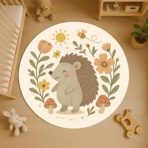 Hedgehog Garden Round Rug: Cute Forest Nursery Carpet with Flowers, Mushrooms and Bee for Baby Room or Toddler Nature Theme
