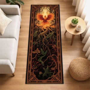 Phoenix Roots Runner-tapijt, tapijt vuurgeest, bos tapijt wedergeboorte, tapijt mythisch wezen, fantasie gangdecor, wasbaar gotisch tapijt afbeelding 1