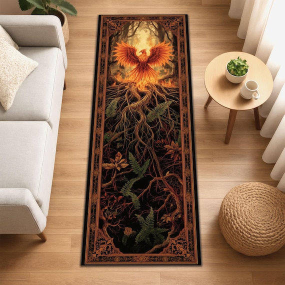 Phoenix Roots Runner Rug, Fire Spirit Tapestry Rug, Rebirth Forest Rug, Mythical Creature Rug, Fantasy Hallway Decor, Washable Gothic Rug