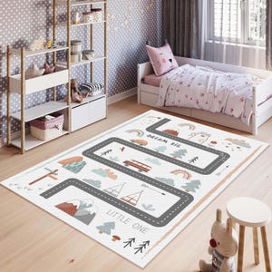 Grote droom kinderkamertapijt, speelkleed wegenkaart, kinderkamertapijt avontuurthema, zacht pastel babykamertapijt, speels dierentapijt