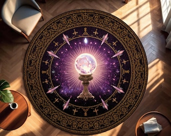 Tapete redondo com bola de cristal mística, tapete celestial de astrologia e bruxaria para sala de estar, espaço de meditação, altar boho oculto para decoração de casa.